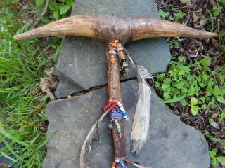 SIOUX INDIAN HORN WAR CLUB with FEATHERS AND BEADS 2
