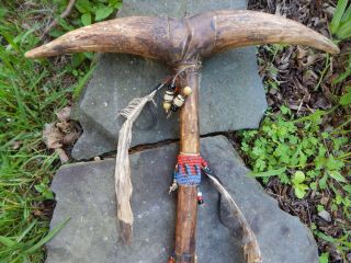 SIOUX INDIAN HORN WAR CLUB with FEATHERS AND BEADS 5