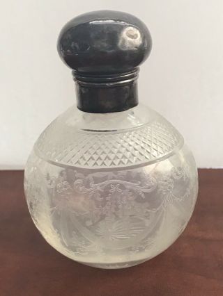 Antique English Etched Crystal Glass Perfume Bottle Sterling Hinged Lid Stopper