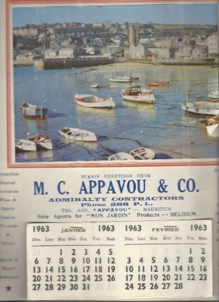 Mauritius Vintage Calendar 1963 M.  C.  Appavou & Co Good Cond Usa