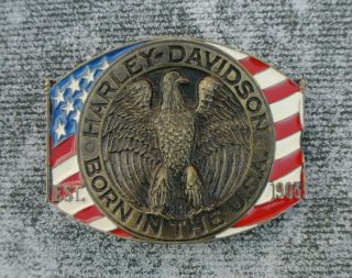 Vintage Harley Davidson Born In The Usa Enamel Flag On Brass Belt Buckle