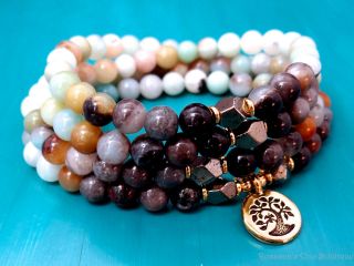 108 Bead Amazonite Pyrite Necklace Wrap Bracelet W/ Gold Plated Tree Of Life