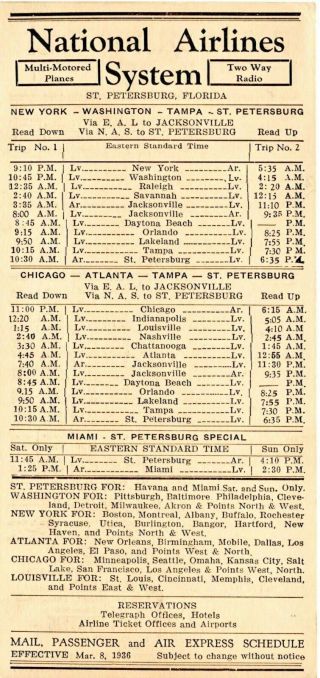 National Airlines System Timetable Schedule 1936 Pan Am