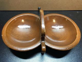 Vintage Woodcraftery Wood Double Bowl W/ Handle Rare Unique Mid Century