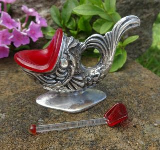 Silver Metal Fish (dolphin) Open Salt Dip,  Cellar,  Dish W/red Liner,  Glass Spoon