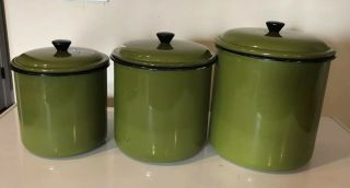 El Patio Porcelain Enamelware Set of 4 Canisters Avocado Green vintage Pre - owned 2