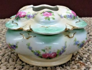 Antique Porcelain Floral Hair Receiver Dish And Cover - Marked - M.  Z.  - Austria