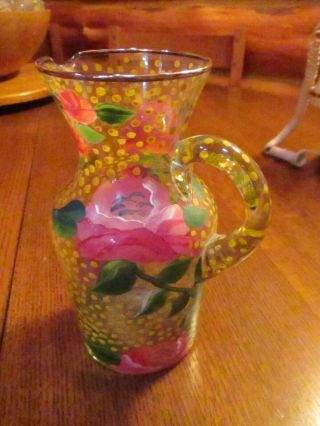 Vntg Mackenzie Childs 3 Cup Glass Yellow Dots/ Floral Carafe Pitcher