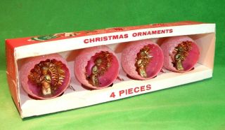 4 Vintage Jewel Brite Plastic Diorama Christmas Tree Ornaments 3