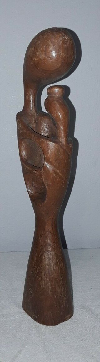 Mid Century Modern Carved Wood Art Sculpture Statue Lady Holding Baby