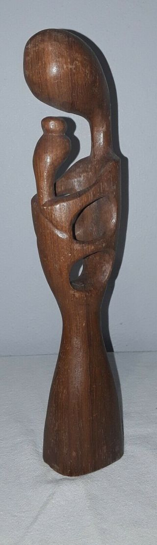 MID CENTURY MODERN CARVED WOOD ART SCULPTURE STATUE LADY HOLDING BABY 2