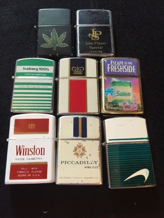 8 Vintage Flip Top Pocket Lighters - With Cigarette Advertising