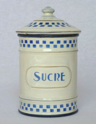 Petite Vintage French Enamel White With Blue Checks Canister For Sucre Sugar