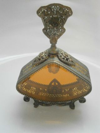 Vintage Ormolu Filigree Amber Glass Brass Vanity Perfume Bottle Floral