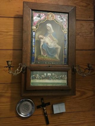Antique Catholic Last Rites Wood Shadow Box Religious 23” Tall