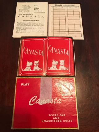 Vintage 50s Canasta Scotty Dog Set Of 2 Playing Card Decks Rules Score Pads