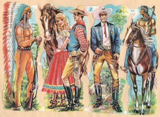 Vintage Die Cut Scraps Sheet Ws 656 With Glitter Cowboys