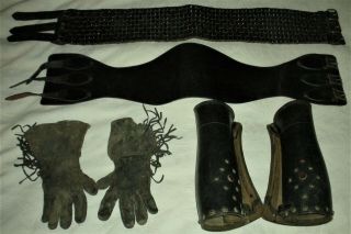 Antique C.  1940s Motorcycle Biker Gear Leg Gauntlets Gloves & Belts Vafo