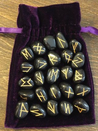 Deep Black Jasper Elder Futhark Rune Set Royal Purple Pouch Occult Divination