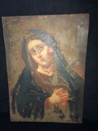 Antique 19th Century " Dolorosa Madonna Our Lady " Retablo Mexican Folk Art Tin