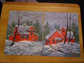 2 Vintage Paint By Numbers Paintings Winter Barn Scene 8x10 Inches