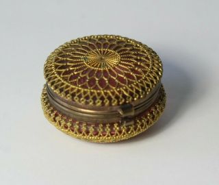 Antique C.  1900 Cranberry Glass Brass Filigree Pill Patch Trinket Box