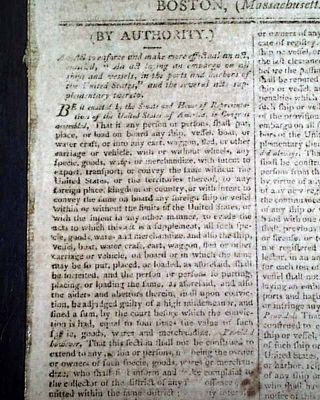 President Thomas Jefferson Act Of Congress Signed Re.  Embargo 1809 Old Newspaper