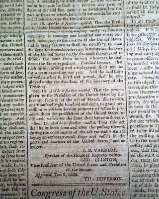 PRESIDENT THOMAS JEFFERSON Act of Congress Signed re.  Embargo 1809 Old Newspaper 2