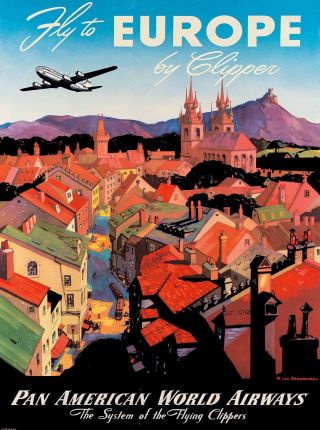Fly To Europe By Clipper Pan American Vintage Travel Advertisement Poster
