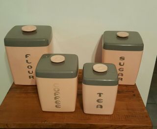 Vintage Canister Set - 4pc - Pink - Gray - Plastic - Kitchen - Retro - Collectible