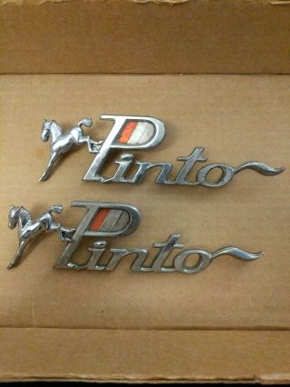 Pair Vintage Ford Pinto Chrome Logo Script Bucking Horse Emblem Badge Ornament
