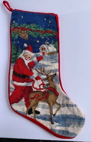 21 " Lands End Needlepoint Stocking Finished Santa Claus Reindeer Christmas Snow