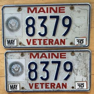Maine Veteran License Plate Matching Pair Red White Blue 2010 Registration
