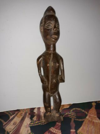 Old African Carved Wood Statue 14.  5 Inches Sharp Teeth Figure Dark Carving Nr