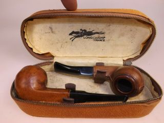 2 Longchamp Bulldog Leather Covered Briar Pipes Ebonite Stems & Case From France