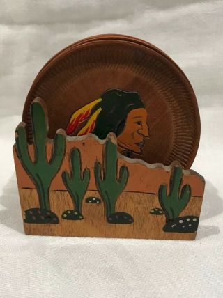 Vintage Indian Head Wooden Coasters Hand Carved Souvenir Of Arizona Cactuses
