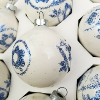 10 VTG Christmas Glass Ornaments Round White w Blue Glitter Flowers Holly USA 4