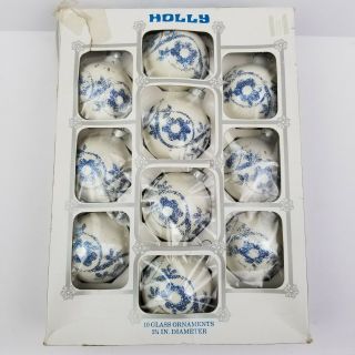 10 VTG Christmas Glass Ornaments Round White w Blue Glitter Flowers Holly USA 7