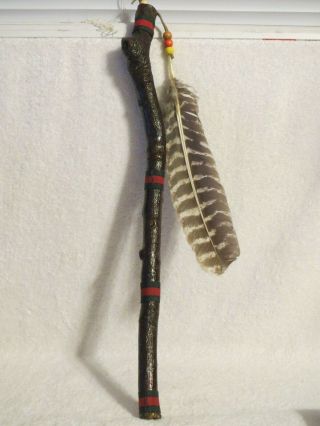 Vin.  Native American Indian Wood Staff Stick Rain Dance Ceremonial Feather Beads