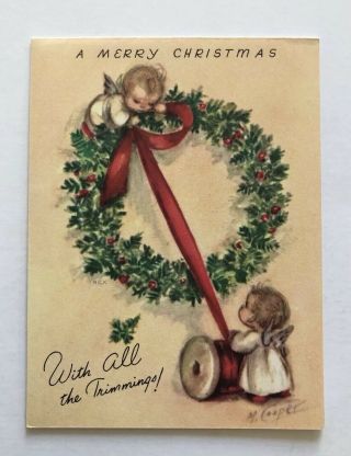 Vintage Rust Craft Christmas Card Marjorie Cooper Angel Baby Girl Ribbon Wreath