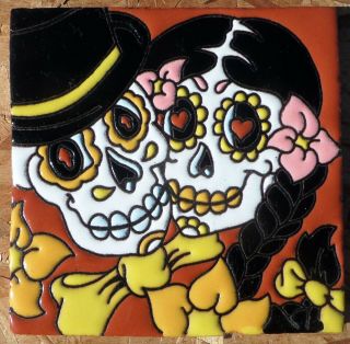 1 Talavera Pottery Tile 6 " Day Of The Dead Woman Man Hearts Love Hat Happy Eyes