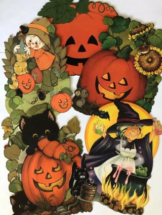 Vintage Halloween Hallmark Diecut Black Cat Witch Scare Crow Jack O’ Lantern Jol