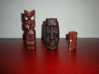 Vintage Easter Island Head Candle & 2 Hawaiian Tikis