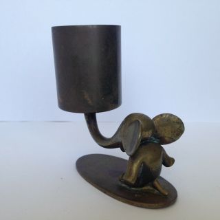 Vintage Chinese Miniature Baby Elephant w Trunk Up Brass Candle Holder Figurine 2