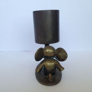 Vintage Chinese Miniature Baby Elephant w Trunk Up Brass Candle Holder Figurine 3