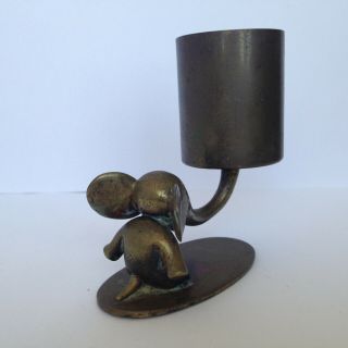 Vintage Chinese Miniature Baby Elephant w Trunk Up Brass Candle Holder Figurine 4