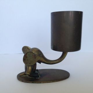 Vintage Chinese Miniature Baby Elephant w Trunk Up Brass Candle Holder Figurine 5