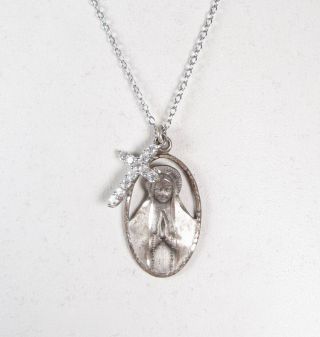 Vintage Religious Sterling Silver Virgin Mary Cut Out Medal Cross Charm Necklace