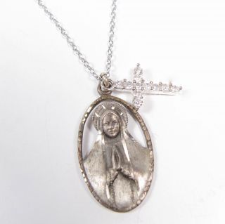 Vintage Religious Sterling Silver Virgin Mary Cut Out Medal Cross Charm Necklace 3