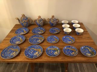 Antique 21 Piece Nagoya Cobalt Blue Dragonware Tea Set 1920 - 1930